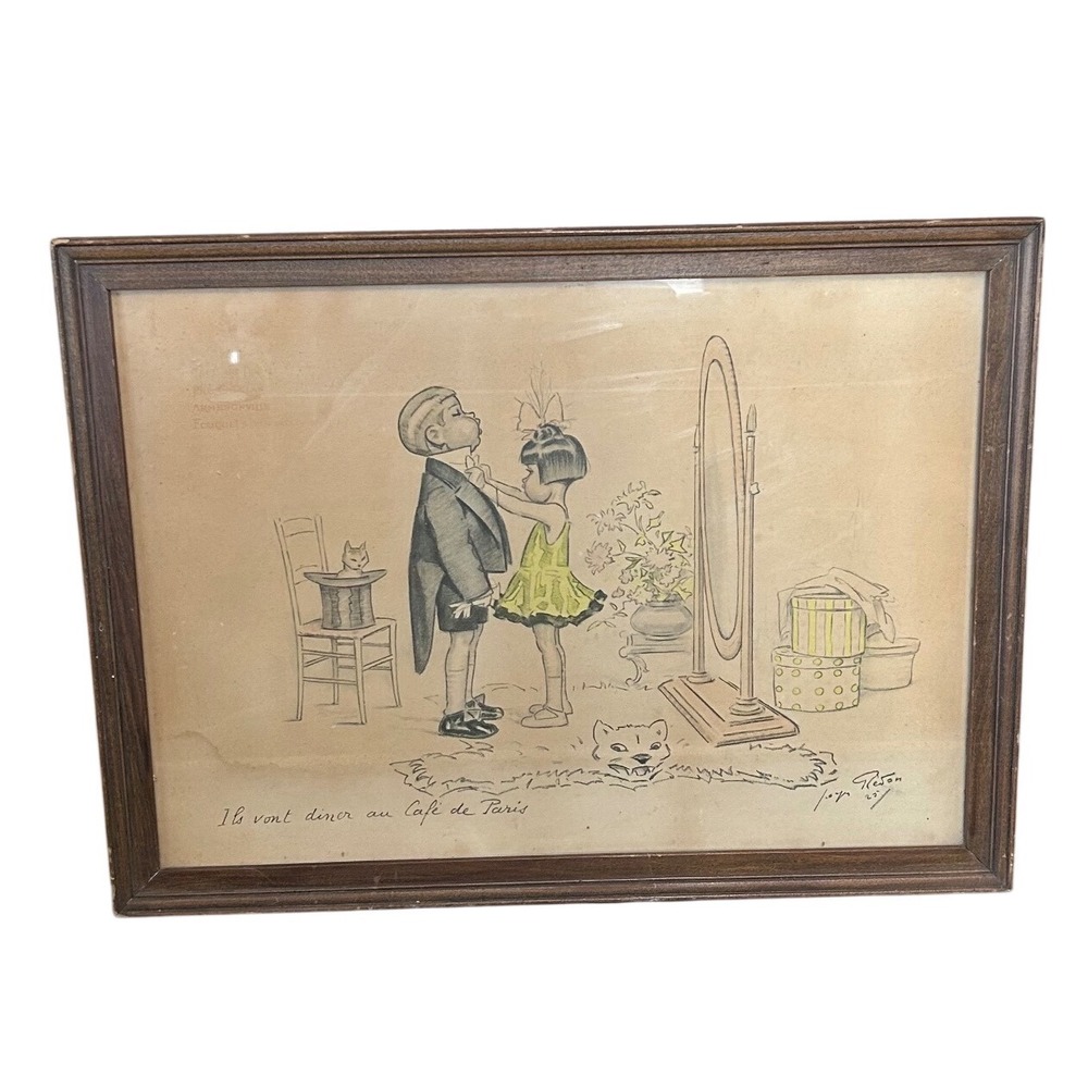 Vintage Georges Remon French‎ Lithograph Cafe de Paris Framed Art 19x14